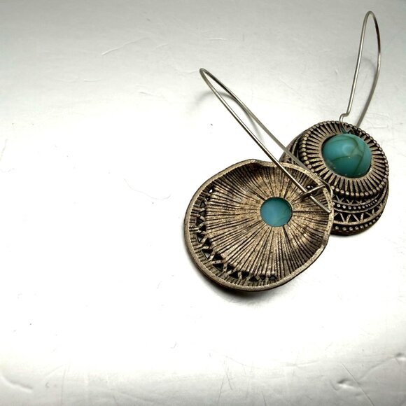 Turquoise Style Medallion Dangle Earrings Boho Tribal Statement - Picture 7 of 8